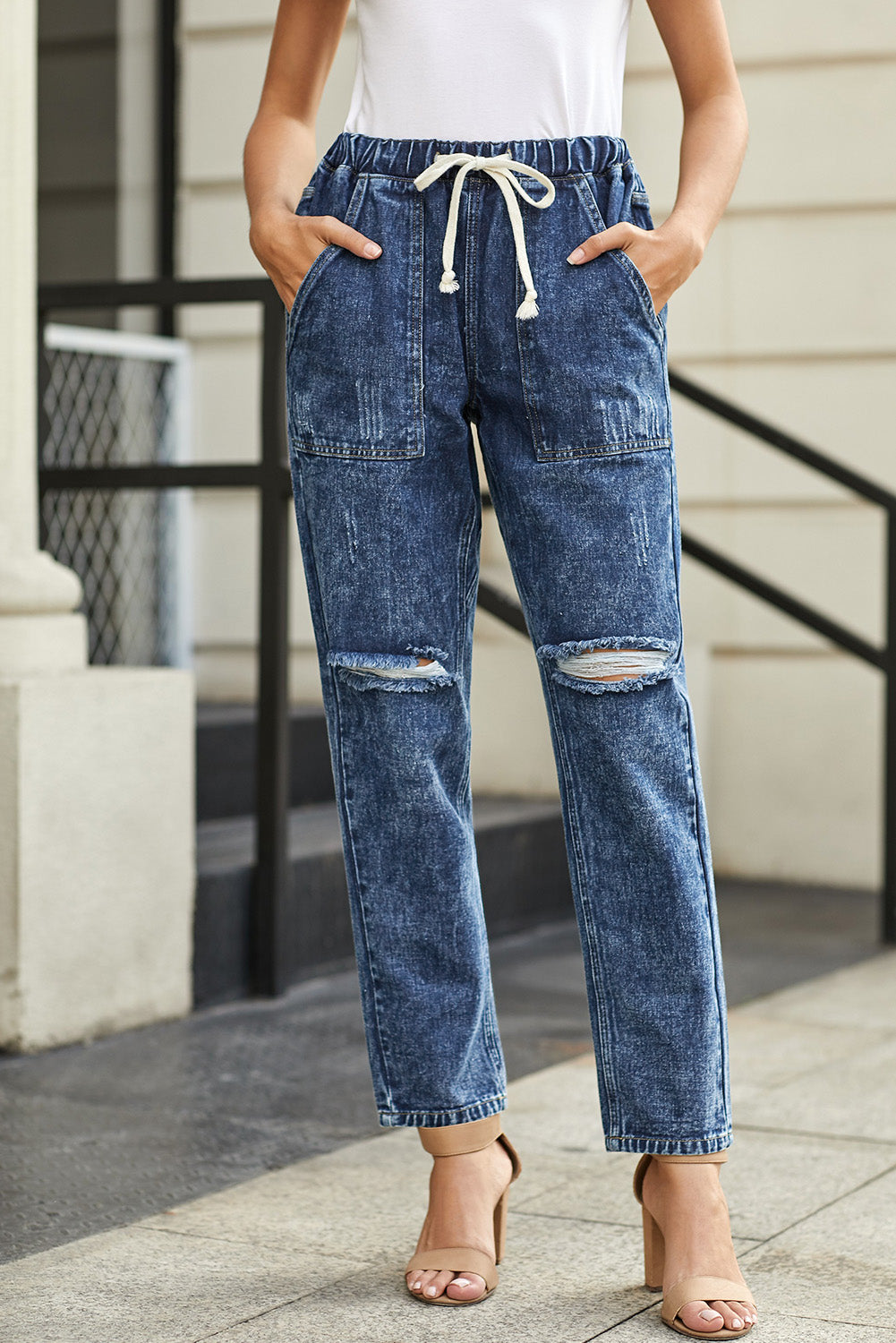 Gather Round Distressed Pocketed Denim Jogger