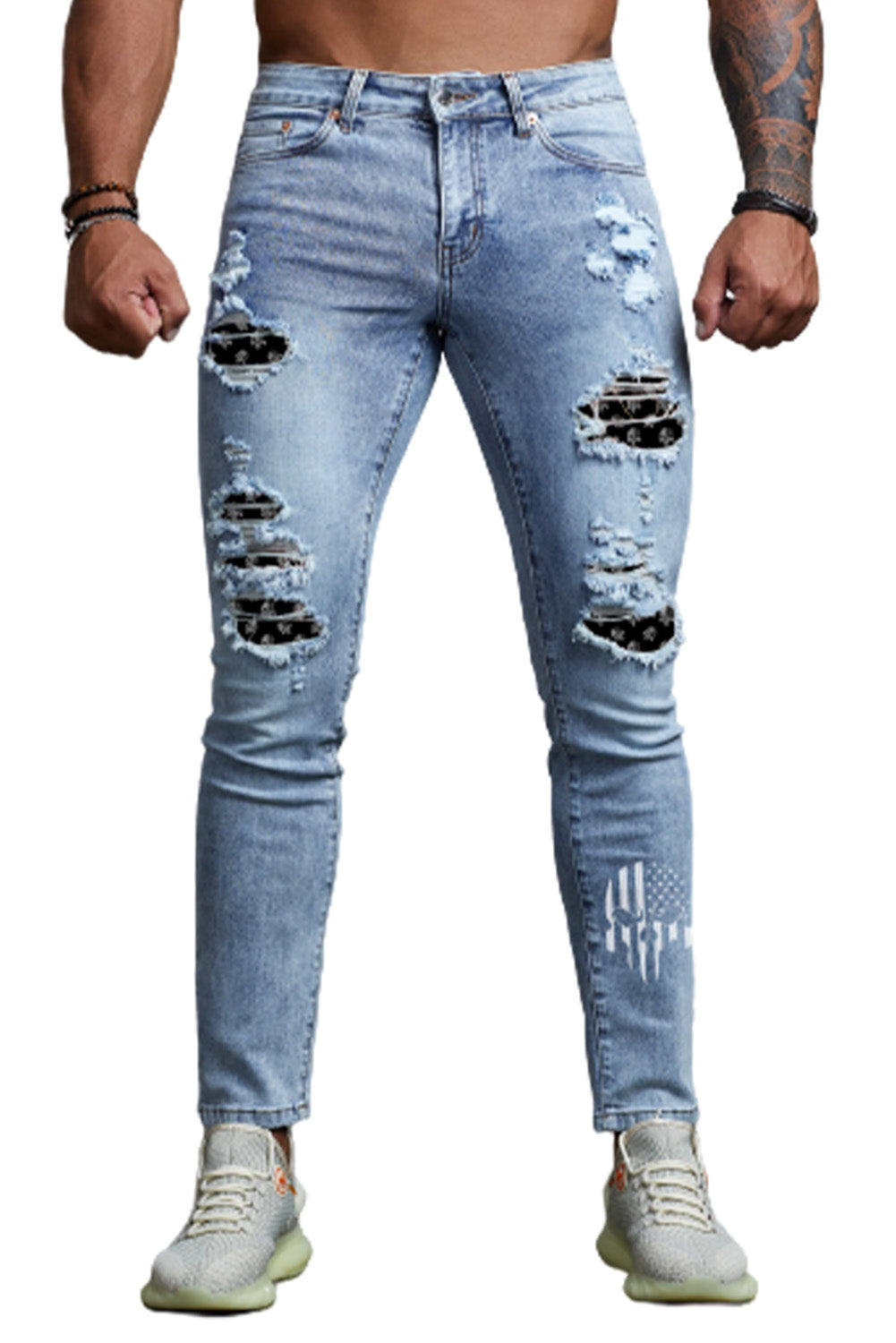 Men's Skull Print Patchwork Distressed Skinny High Waist Jeans