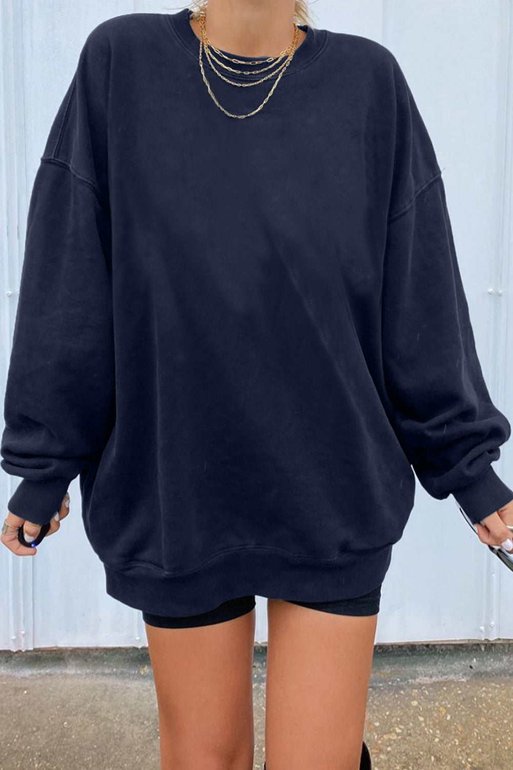 Dark Blue Oversized Solid Drop Shoulder Sweatshirt