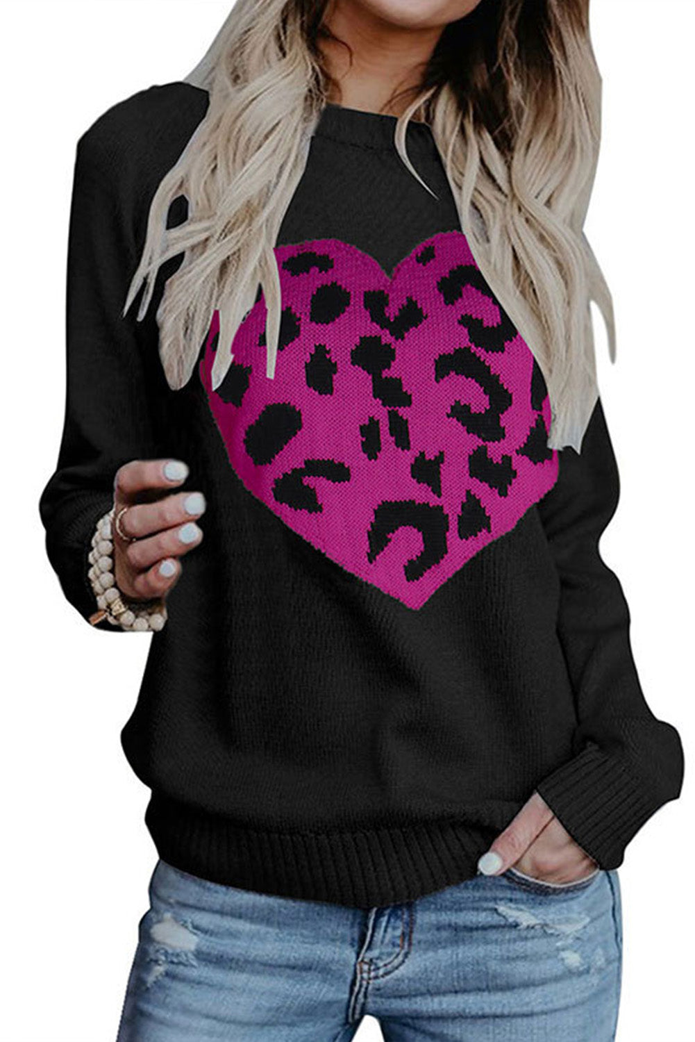 Leopard Heart Pattern Casual Sweater