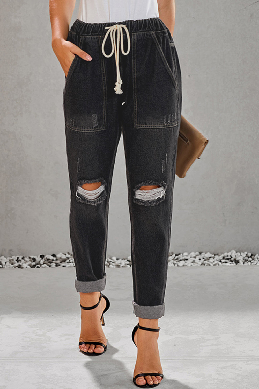 Gather Round Distressed Pocketed Denim Jogger