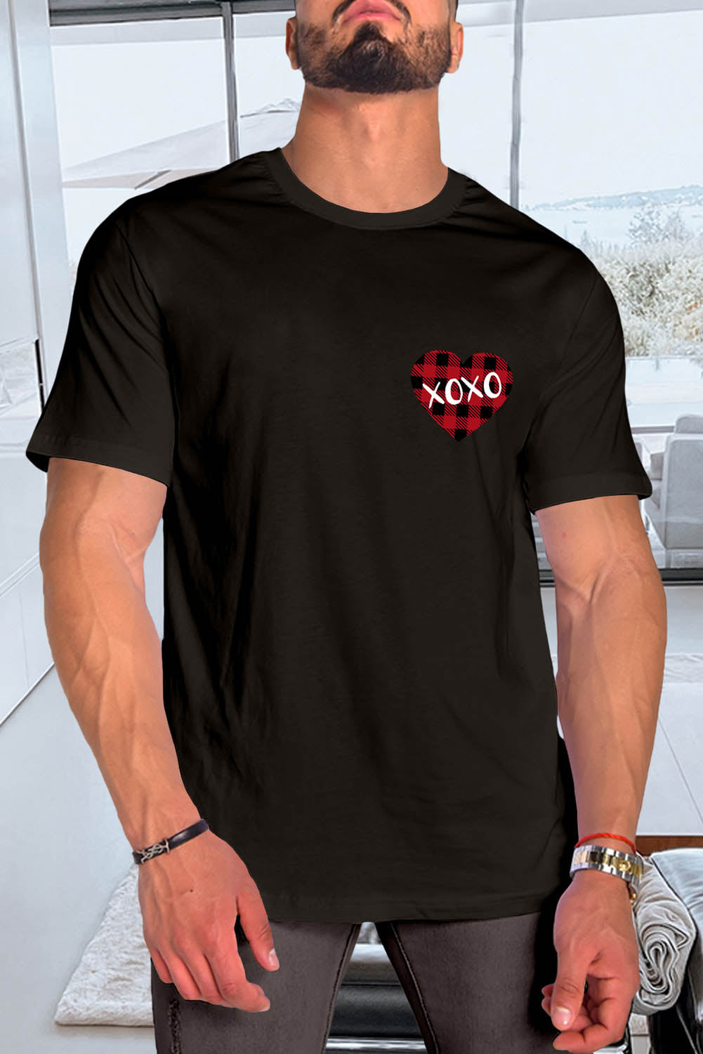 XOXO Plaid Heart Print Crew Neck Men's T-shirt