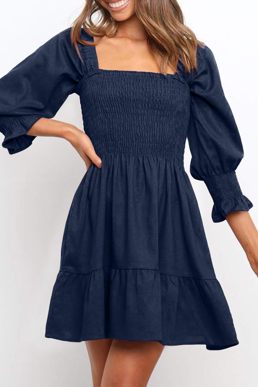 Square Neck Smocked Balloon Sleeve A-line Dress