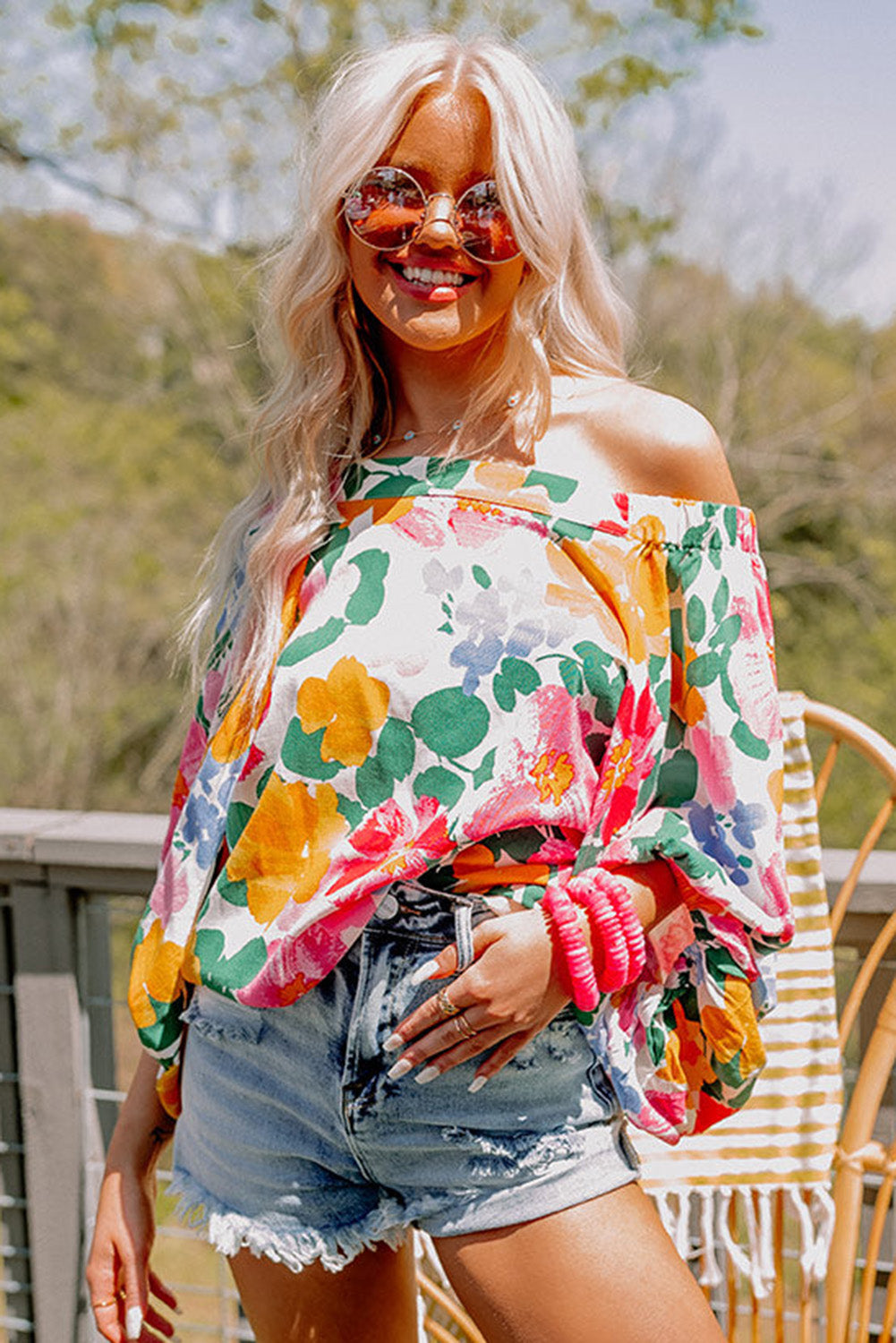 Water Painting Flowers Sexy Off Shoulder Top