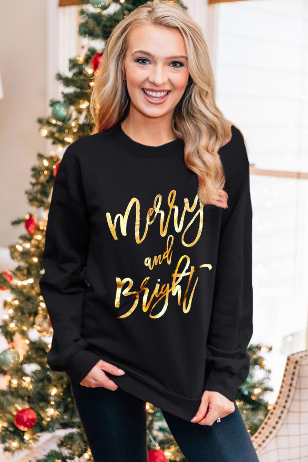 Merry Christmas Graphic Print Long Sleeve Sweatshirt