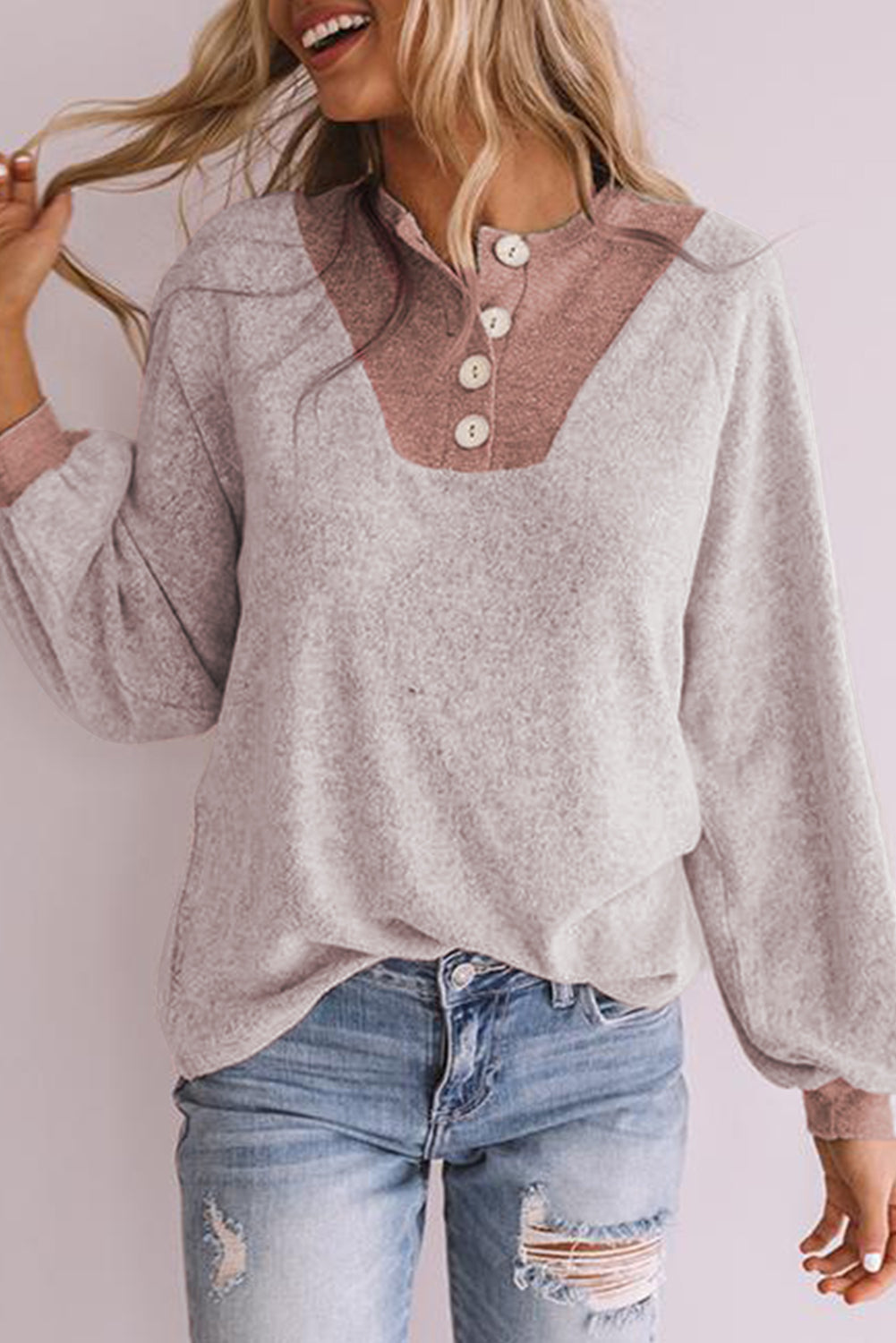 Button Contrast Puff Sleeve Blouse
