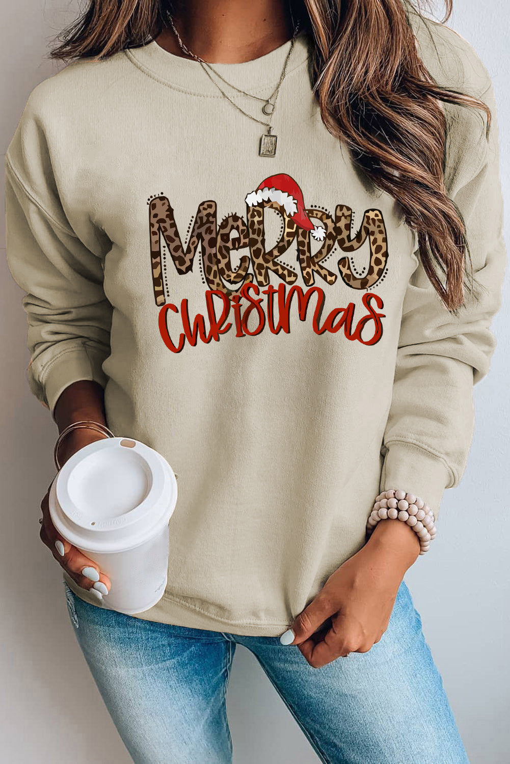 Merry Christmas Graphic Print Long Sleeve Sweatshirt