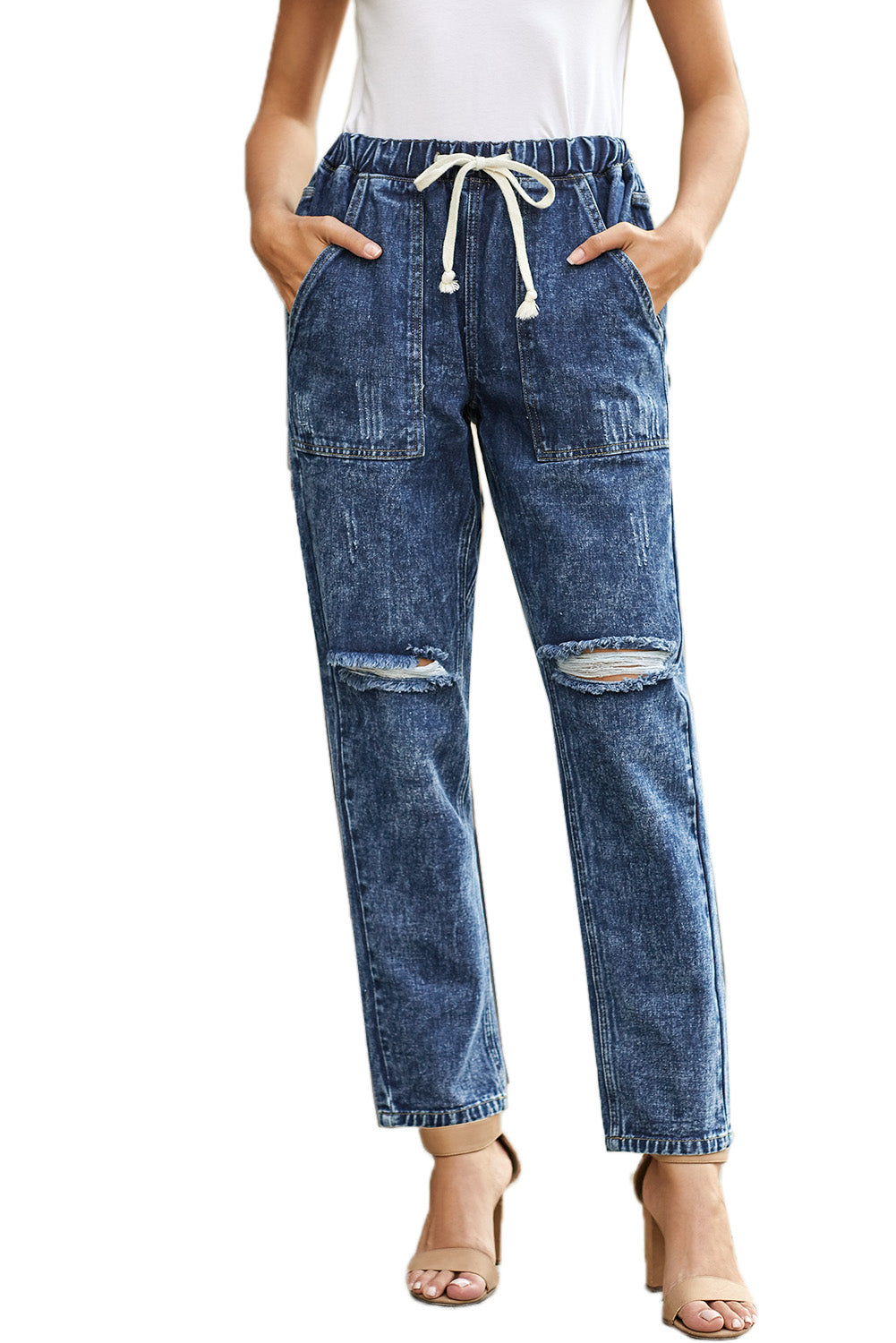 Gather Round Distressed Pocketed Denim Jogger