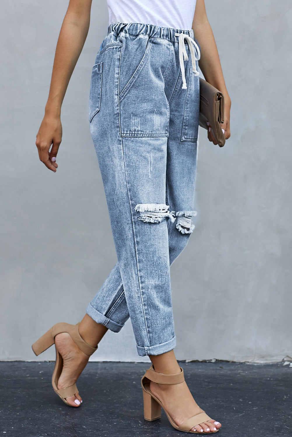 Gather Round Distressed Pocketed Denim Jogger