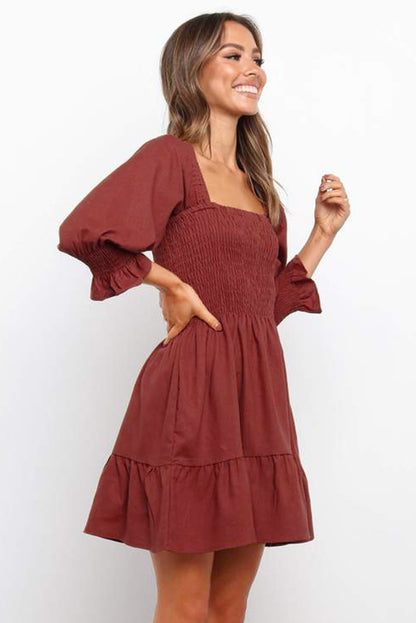 Square Neck Smocked Balloon Sleeve A-line Dress