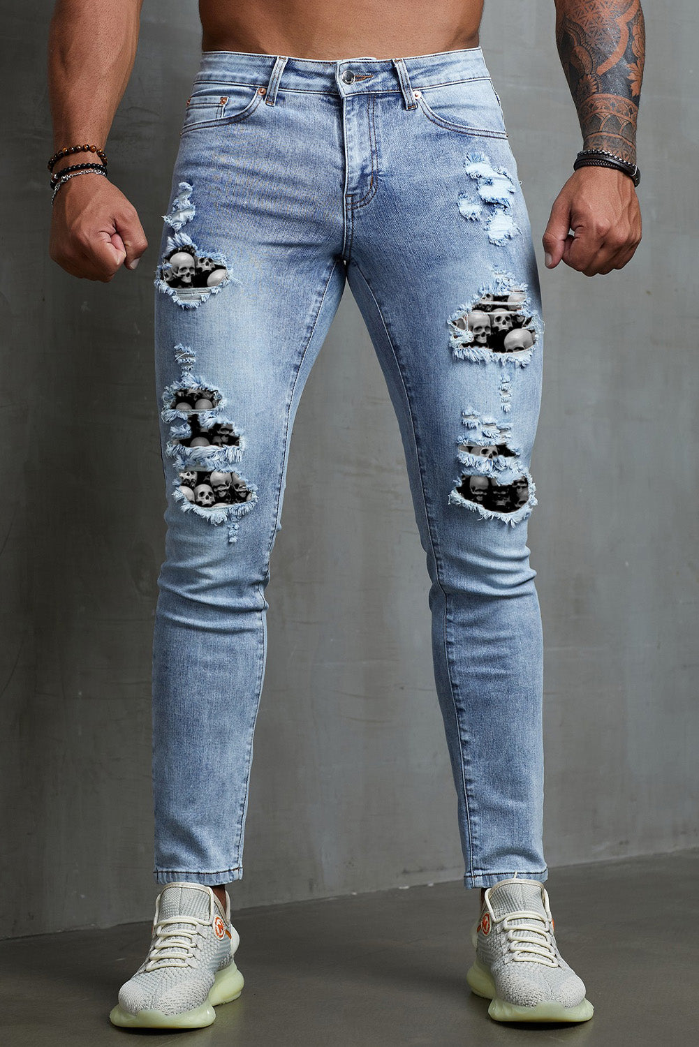 Men's Skull Print Patchwork Distressed Skinny High Waist Jeans