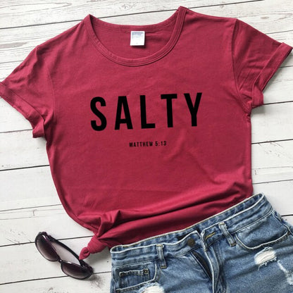 Salty Matthew 5:13 T-shirt Vintage Christian Bible Verse Tees Tops Casual Womens Crewneck Graphic Summer Tshirt