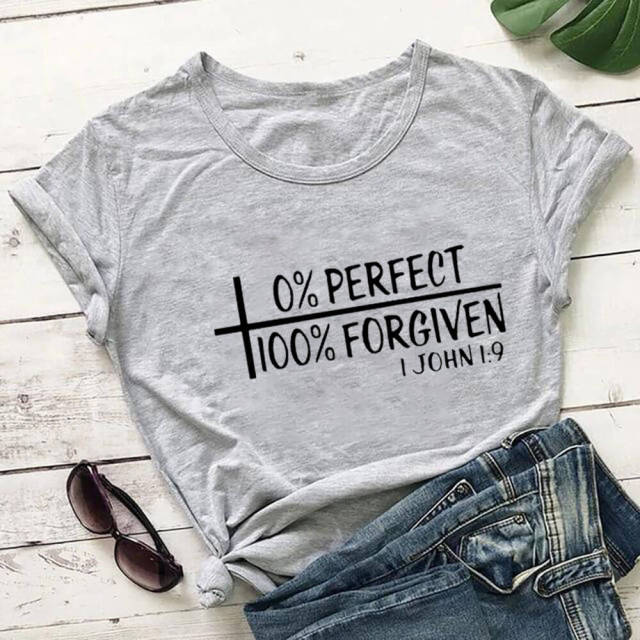 0% Perfect 100% Forgiven 100%Cotton Women Tshirt Women's Summer Casual Christian Shirts Faith Short Sleeve Top Tee Jesus T Shirt