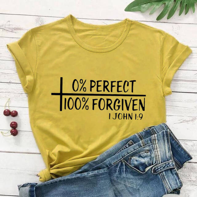 0% Perfect 100% Forgiven 100%Cotton Women Tshirt Women's Summer Casual Christian Shirts Faith Short Sleeve Top Tee Jesus T Shirt